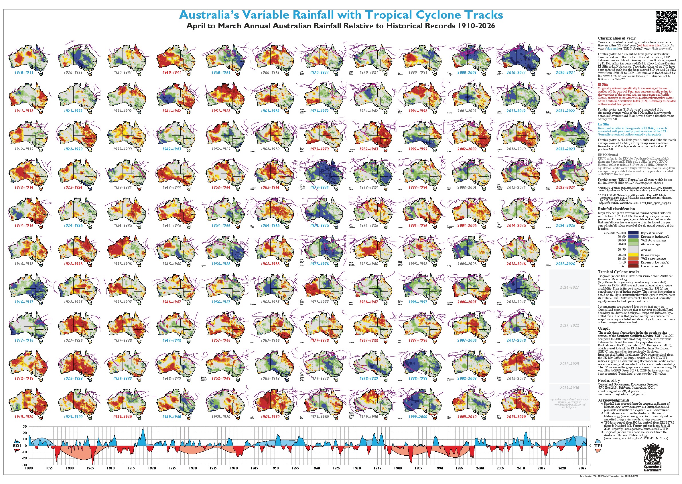 Australia&rsquo;s Variable Rainfall &ndash; with Tropical cyclone tracks (1890 &ndash; 2024)